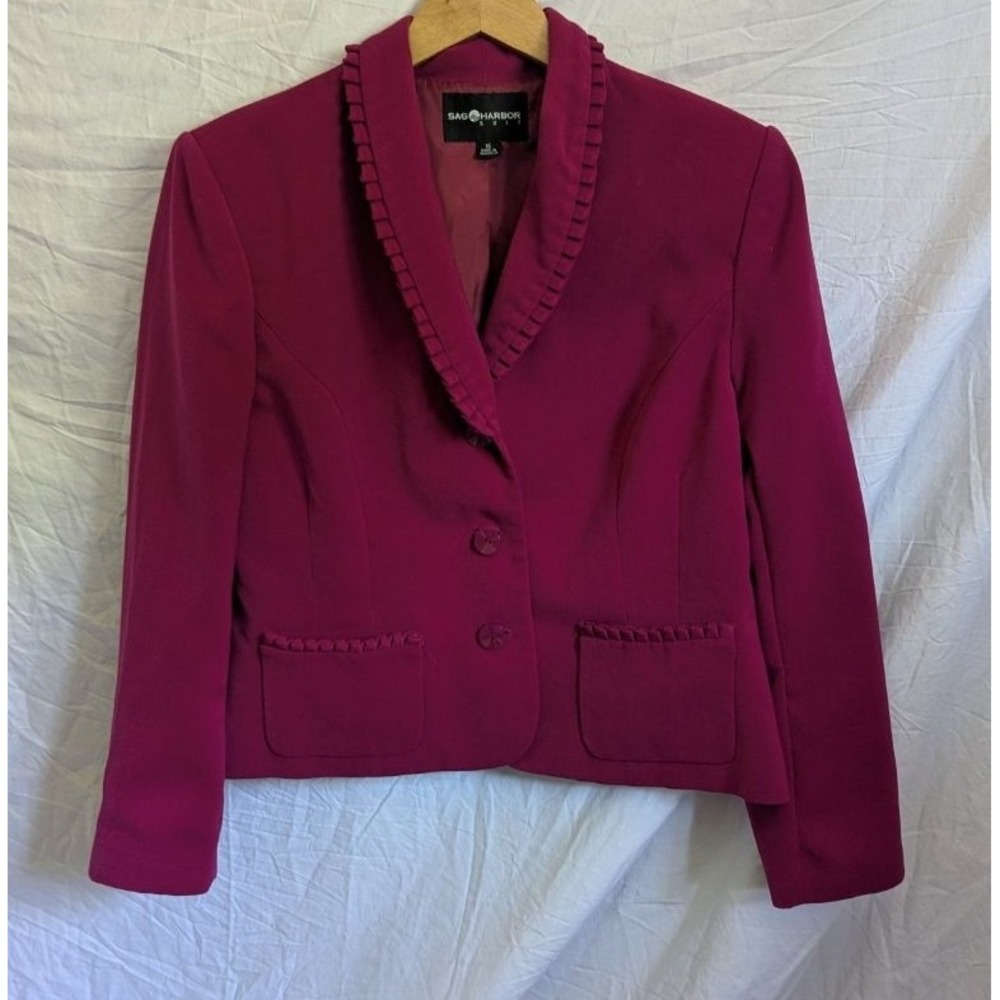 Vtg Y2K Suit Blazer Fuchsia Ruffle Trim Shawl Collar 16 Office Siren Coquette